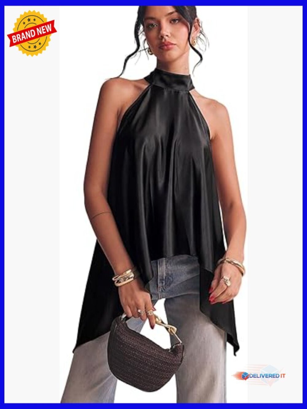 Halter Neck Sleeveless Satin Blouse Flowy Asymmetrical Hem Going Out Top Club